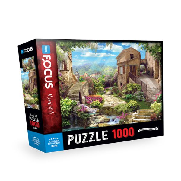 Blue Focus Old Houses And Flowers  Puzzle 1000 Parça