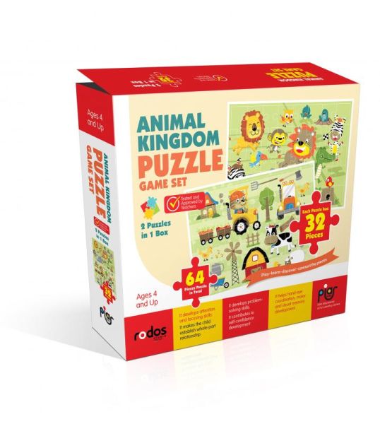 Animal Kingdom Game Set  2 Puzzles in 1 Box  64 Pieces Puzzle in Total  Ages 4+