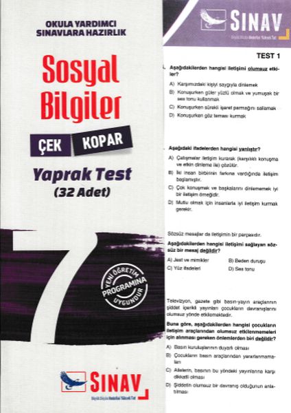 Sınav 7 Sınıf Sosyal Bilgiler Çek Kopar Yaprak Test Yeni