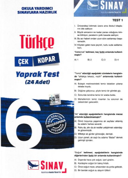 Sınav 6 Sınıf Türkçe Çek Kopar Yaprak Test Yeni