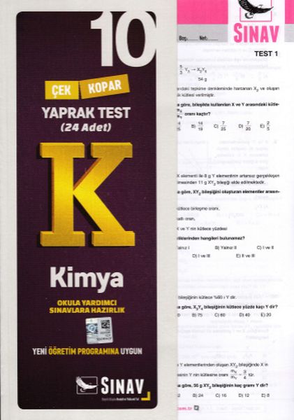 Sınav 10 Sınıf Kimya Çek Kopar Yaprak Test Yeni