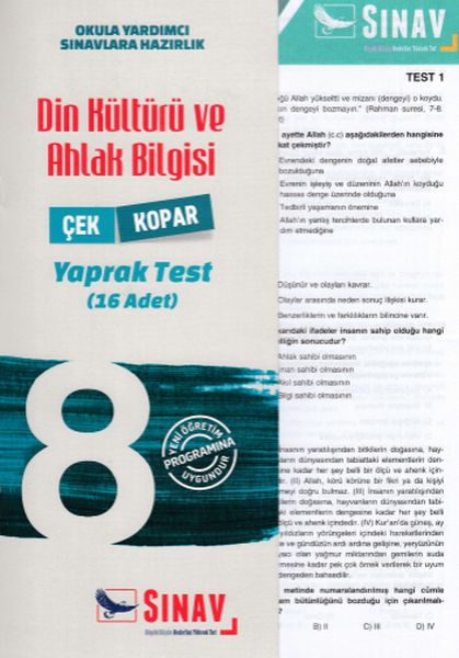 Sınav 8 Sınıf Din Kültürü ve Ahlak Bilgisi Çek Kopar Yaprak Test Yeni