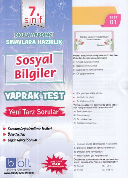 Bulut 7 Sınıf Sosyal Bilgiler Yaprak Test Yeni