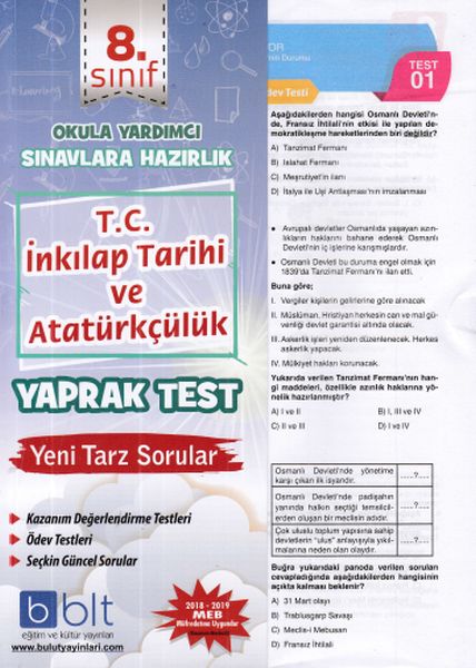 Bulut 8Sınıf TC İnkılap Tarihi ve Atatürkçülük Yaprak Test Yeni