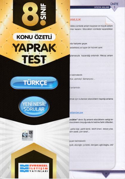 Evrensel 8 Sınıf Türkçe Konu Özetli Yaprak Test Yeni