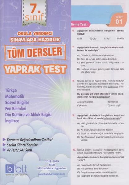 Bulut 7 Sınıf Tüm Dersler Yaprak Test