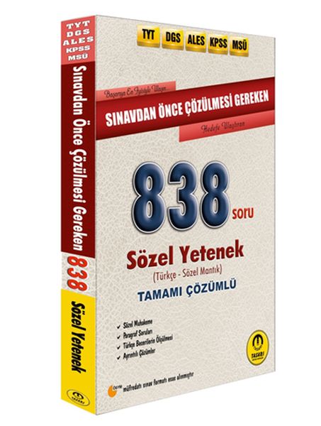 Tasarı DGS ALES TYT KPSS Öncesi Çözülmesi Gereken Sözel Yetenek 838 Soru Yeni